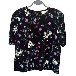 VTG Blair Boutique‎ Black Floral Short Sleeve Blouse Size Small Vintage Workwear